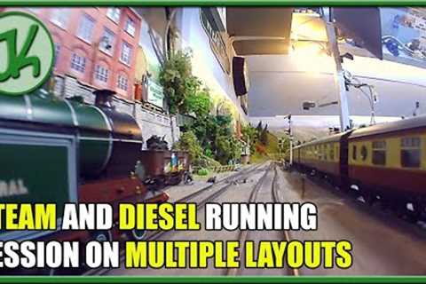 Steam and Diesel Model Trains Running Session on Multiple Layouts