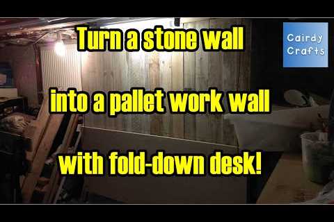 Pallet wood working wall with fold down desk